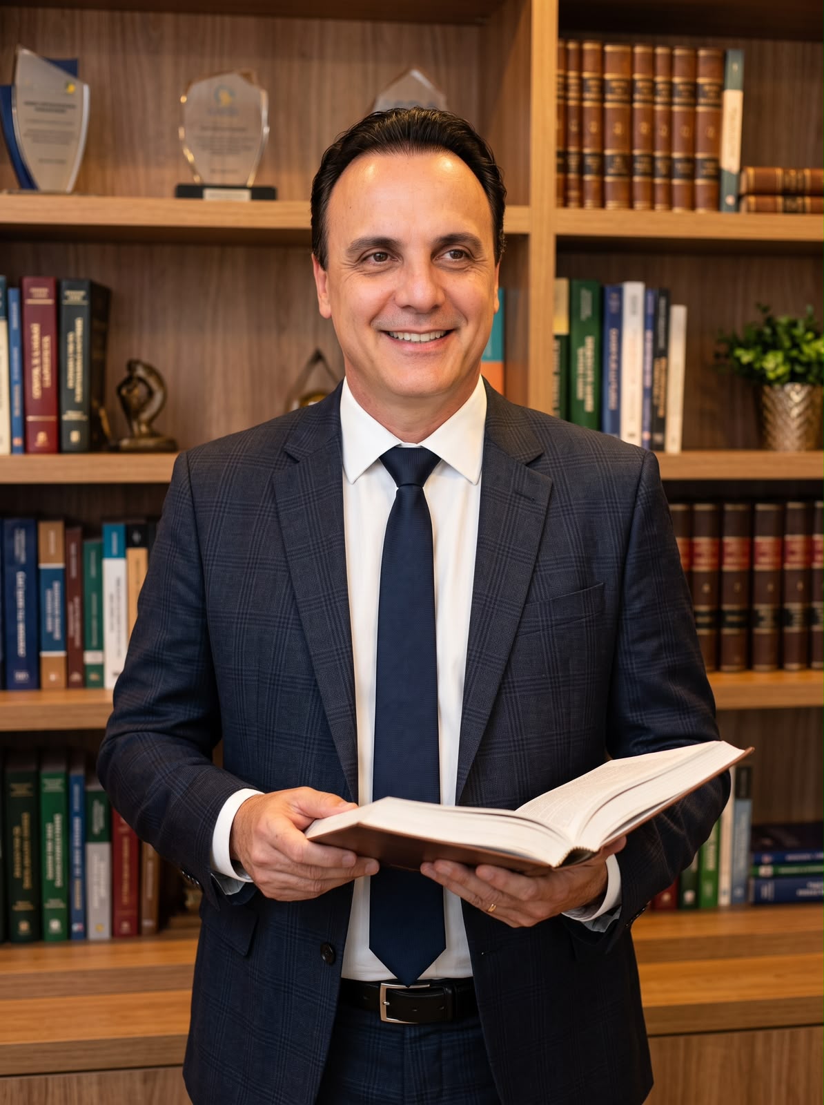 Dr. Joaquim Cândido com um livro jurídico em seu escritório